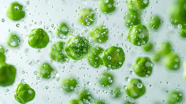 Zdjęcie Żywy i soczyste close-up świeżego zielonego groszka pływającego w powietrzu z kropelami wody