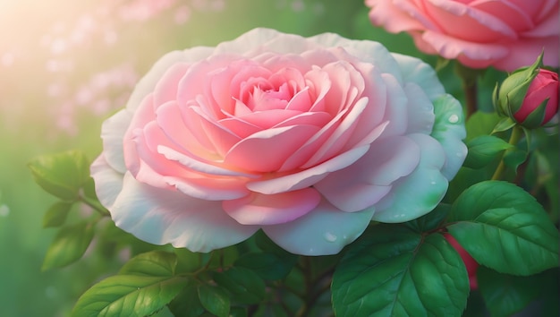 Żywy i szczegółowy obraz cyfrowy pięknej róży z bujnymi zielonymi liśćmi na tle miękkiego i