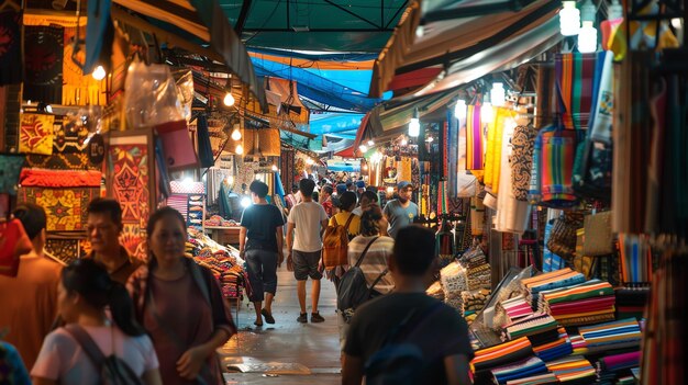 Żywy i tętniący życiem nocny rynek z różnorodnymi stoiskami sprzedającymi różne rodzaje towarów Wiele ludzi chodzi i robi zakupy