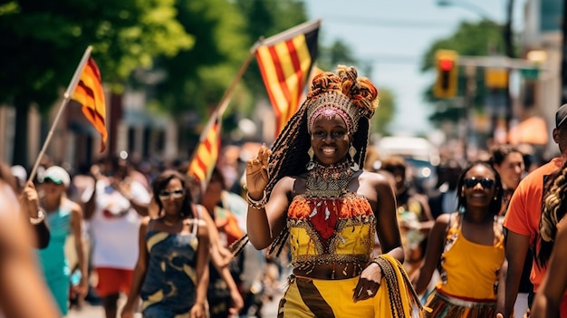 Zdjęcie Żywy i żywy parad uliczny wypełniony ludźmi radośnie upamiętniający juneteenth machający flagą