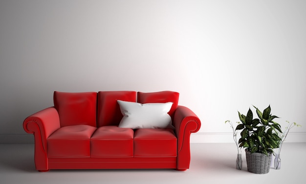 Żywy Izbowy wnętrze z czerwoną tkaniny kanapą i poduszkami na białym tle. Renderowania 3D