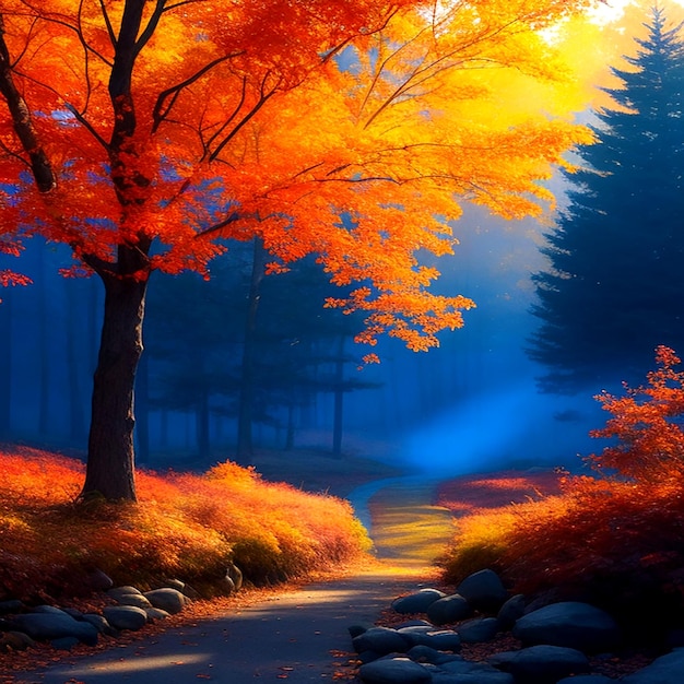 Żywy jesienny krajobraz na tle niebieskiego łupka