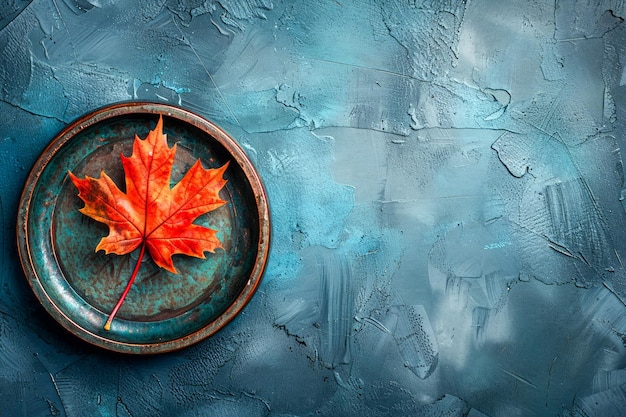 Zdjęcie Żywy jesienny liść klonu na rusztycznej płytce na tle niebieskiego tekstury dla artystycznego sezonu