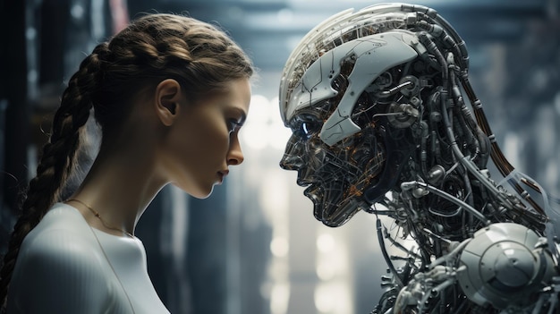 Żywy kobiecy android staje przed robotem Koncepcja konfrontacji człowieka i cyborga