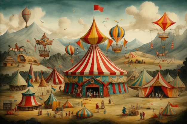 Żywy kolorowy obraz namiotu cyrkowego stoi dumnie w środku bujnego zielonego pola vintage cyrk zaludniony kolorowymi namiotami i magicznymi stworzeniami AI Generated