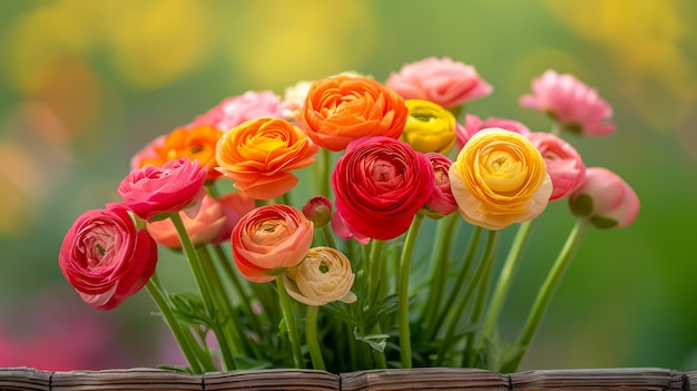 Zdjęcie Żywy kwiat ranunculus w pełnym rozkwicie na tle miękkiego bokeh kolorowy kwiat wiosenny