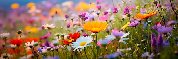 Żywy łąka wypełniona szeregiem dzikich kwiatów tworzących wesołe i kolorowe wiosenne tło Generative Ai