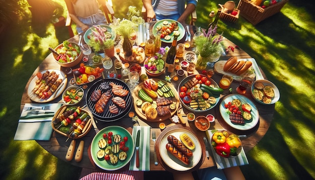 Żywy letni grill z uroczystym stołem i gośćmi w tle