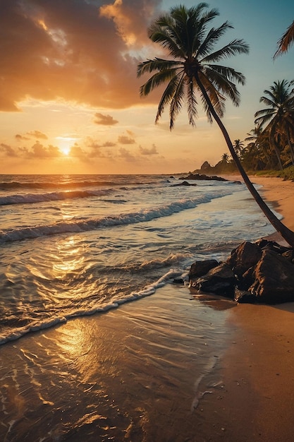 Żywy letni zachód słońca nad tropikalną plażą z palmami kołyszącymi się w ciepłym wiatrze i dźwiękiem uderzających fal w tle