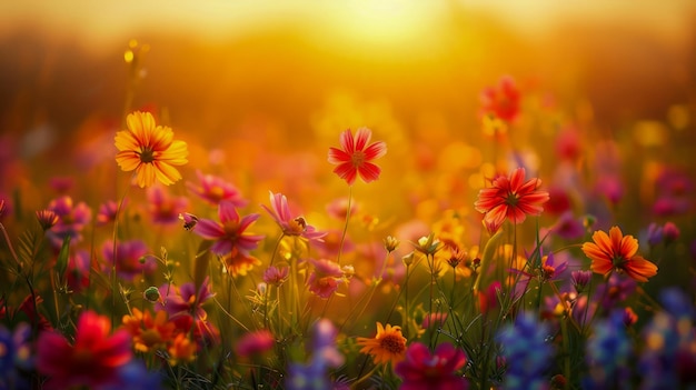 Żywy letni zachód słońca z kolorowymi, kwitnącymi dzikimi kwiatami i złotym słońcem na spokojnej łące