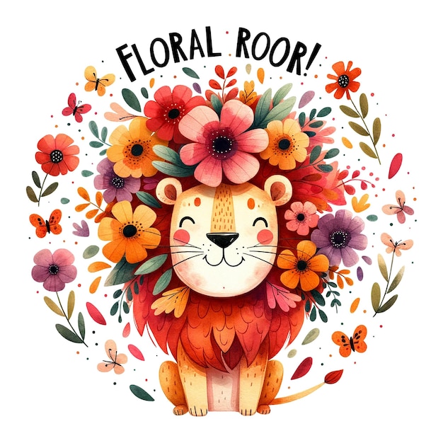 Żywy lew z grzywą składającą się z kolorowych kwiatów i liści, a nad nim napis Floral Roor