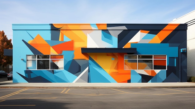 Żywy mural ulicy z odważnymi kształtami geometrycznymi kaskadującymi w dół miejskiej alejki fuzja pomarańczów i niebieskich