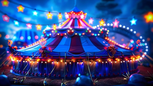 Żywy namiot cyrkowy z kolorowymi światłami tworzący przytulną i ekscytującą atmosferę Koncepcja Wydarzenie o tematyce cyrkowej Kolorowe oświetlenie Przytulna atmosfera