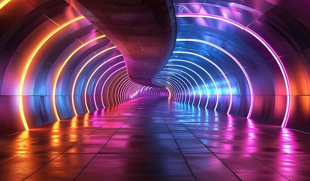 Żywy, neonowy, futurystyczny tunel z odblaskową podłogą