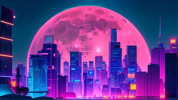 Żywy neonowy krajobraz miejski z świecącym księżycem w tle