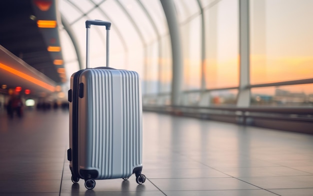 Żywy niebieski walizka podróżna stoi w niewyraźnym terminalu lotniska