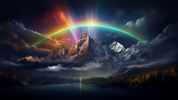 Żywy obraz pejzażowy przedstawiający majestatyczne pasmo górskie i kolorową tęczę na niebie