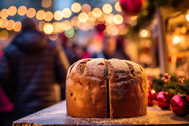 Żywy obraz pociętego Panettone na tle tętniącego życiem targu świątecznego