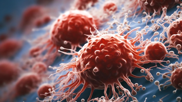 Żywy obraz przedstawia mikroskopijny widok komórek nowotworowych w próbce raka przełyku