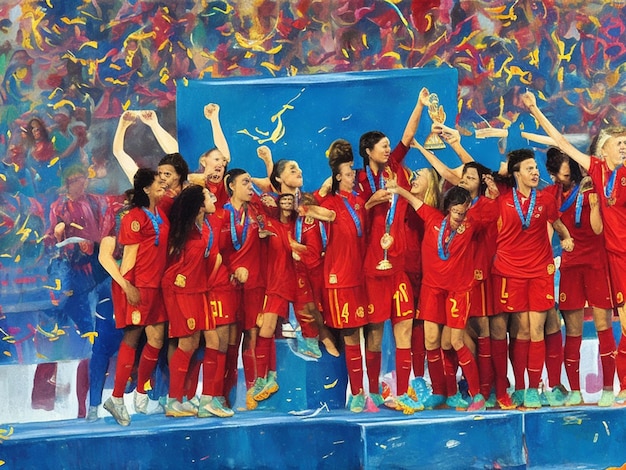Żywy obraz przedstawiający reprezentację Hiszpanii w piłce nożnej kobiet w zwycięskich chwilach