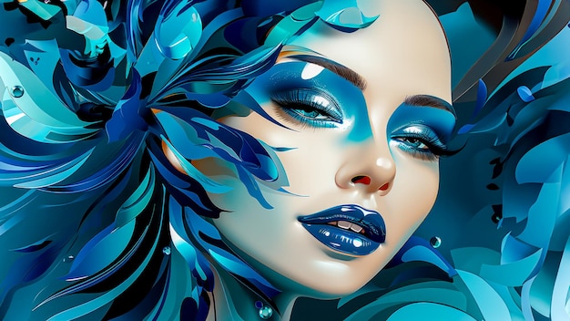 Żywy obraz twarzy kobiety z niebieskimi i turkusowymi wzorami kwiatowymi