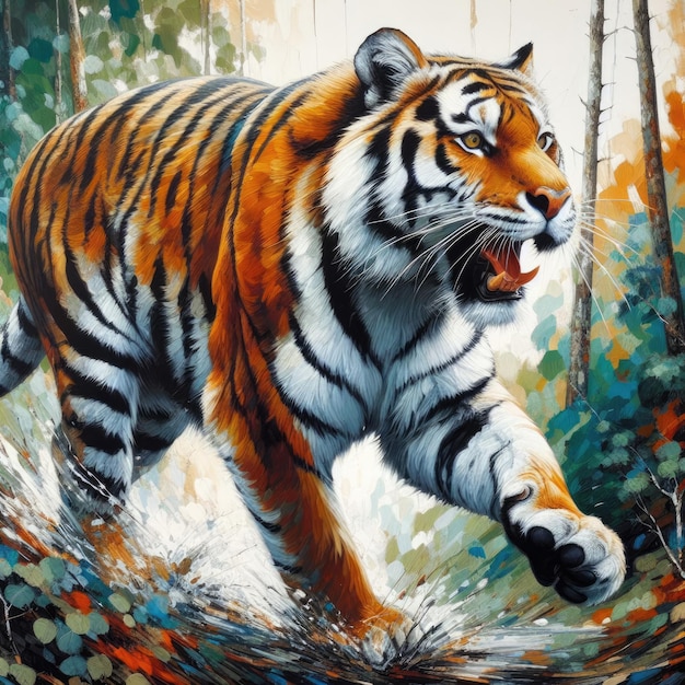 Żywy obraz tygrysa w naturalnym otoczeniu w środku kroku z otwartymi ustami pokazującymi jego