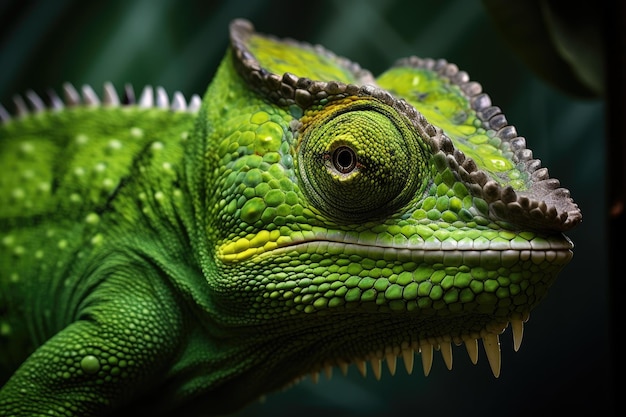 Żywy obraz z bliska zielonego kameleona siedzącego na gałęzi pokazujący jego unikalny kolorystykę i wspaniałe szczegóły Szczegółowe zdjęcie z bliska Zielonego kameleonu generowane przez AI