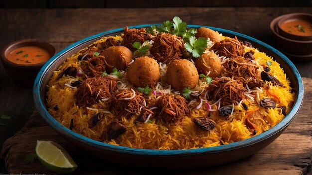 Żywy obraz żywych kolorów i tekstur Hyderabadu Biryani pokazany na zwietrzonym woo