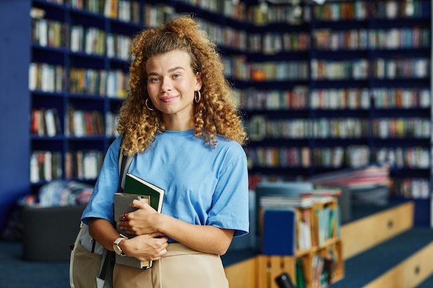 Żywy pas w górę portret kręcone włosy młoda kobieta trzymająca książki w bibliotece college'u i patrząca na