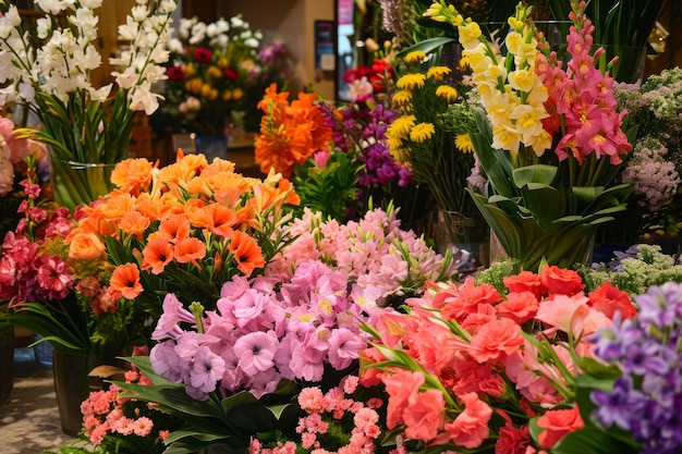 Żywy pokaz kwiatów w różnych kolorach zaprasza klientów do żywej wiosennej promocji
