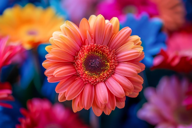 Żywy pomarańczowy Gerbera Daisy CloseUp z kolorowym tłem kwiatów