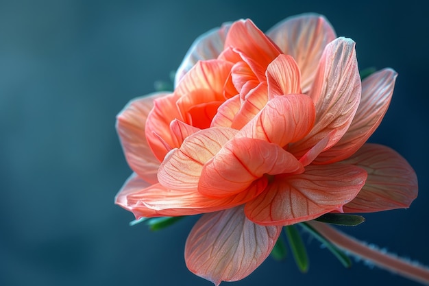 Żywy pomarańczowy kwiat hibiskusa w pełnym rozkwicie na spokojnym niebieskim tle