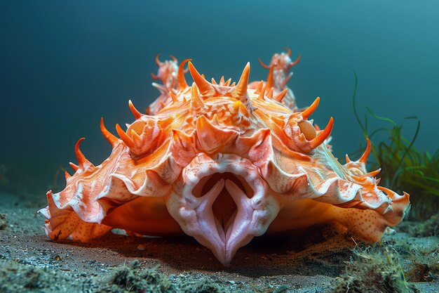 Żywy pomarańczowy muszelek ślimaka morskiego na dnie oceanu z tłem życia morskiego w naturalnym podwodnym środowisku