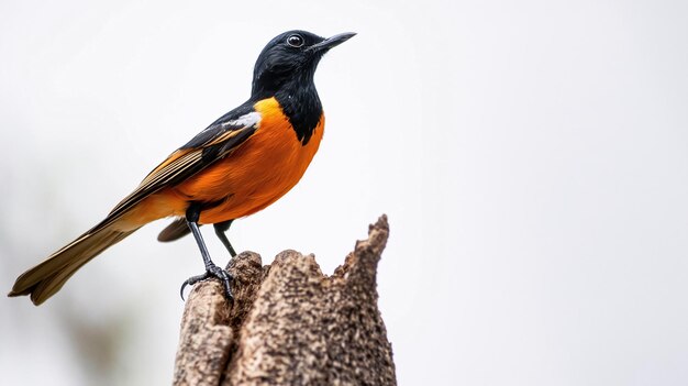 Żywy ptak o pomarańczowym brzuchu siedzący na pniu drzewa