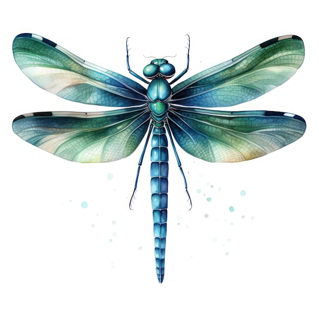 Żywy, ręcznie malowany akwarela Dragonfly Clipart na białym tle AI Generated