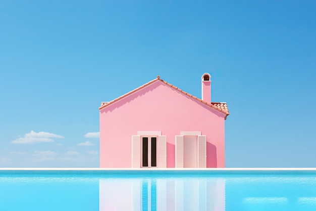 Żywy różowy dom pływający nad kryształowo niebieskim basenem stworzony za pomocą technologii Generative AI