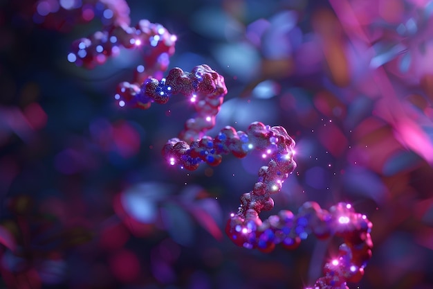 Żywy różowy i fioletowy cząsteczka DNA 3D renderowany arcydzieło makrofotografii