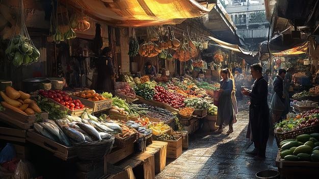 Żywy rynek z tętniącymi życiem stoiskami