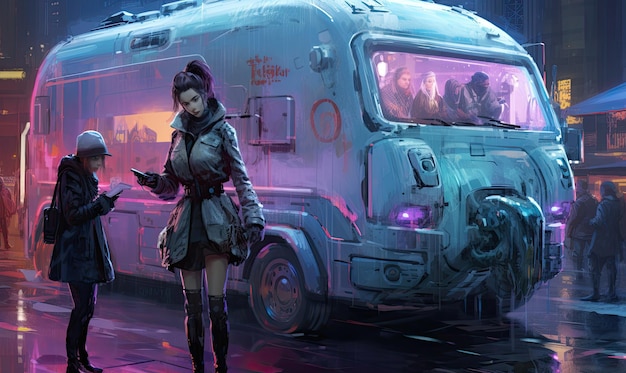 Żywy strój cyberpunkowej dziewczyny wyróżniał się na kolorowym tle projektu ciężarówki z lodami