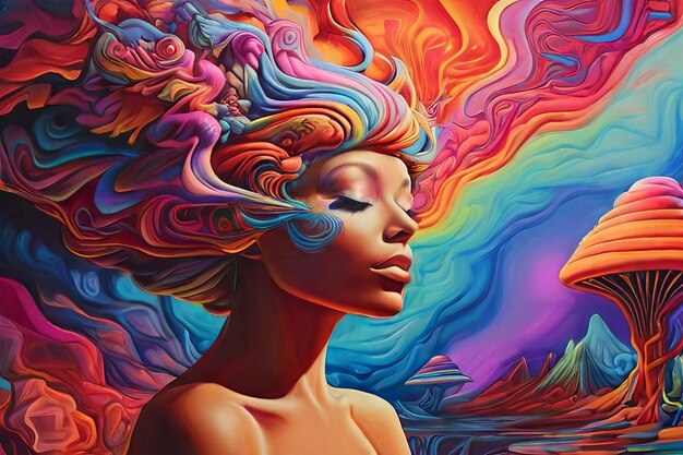 Żywy surrealizm Kolorowy sen przedstawiający psychodeliczne działanie LSD i DMT