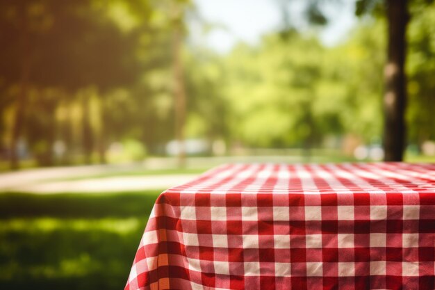 Żywy, szachowany czerwony szmat na piknik na pięknym naturalnym tle AR 32