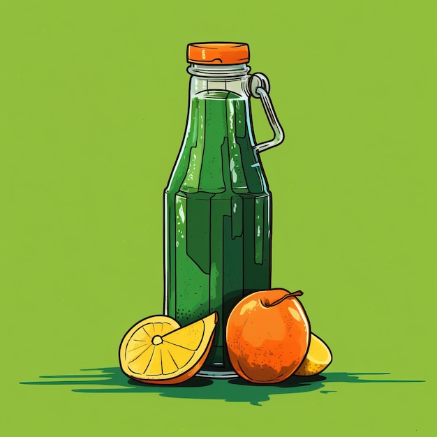 Żywy szkic ilustracji zielonej butelki soku z kawałkami owoców