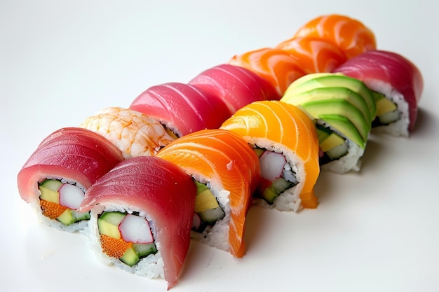 Żywy tęczowy sushi pełen świeżego łososia tuńczyka i awokado