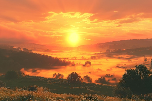 Żywy wschód słońca nad mglistą doliną