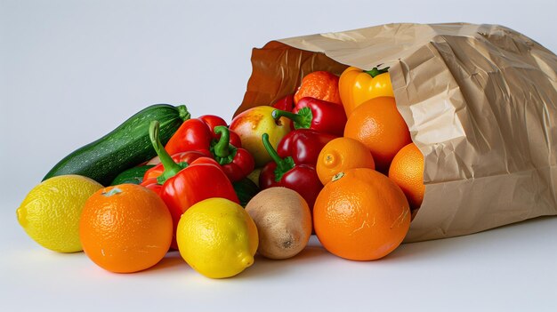 Żywy wybór świeżych owoców i warzyw z brązowej papierowej torby na neutralnym tle