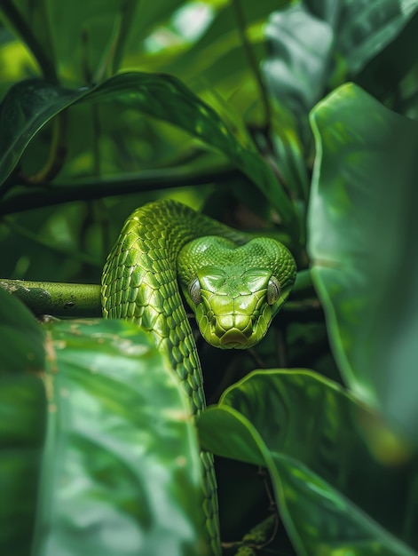 Żywy zielony wąż doskonale kamuflowany wśród bujnego tropikalnego liścia, przedstawiający przystosowanie i piękno natury.