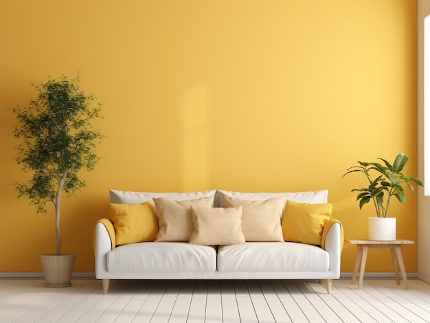 Żywy żółty pusty mur z przytulną beżową kanapą nowoczesny salon