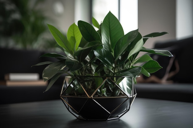 Zz roślina z błyszczącymi ciemnozielonymi liśćmi w geometrycznej metalowej doniczce w nowoczesnym mieszkaniu przemysłowym Generative AI