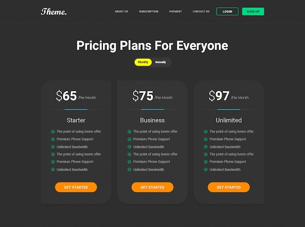 3 plan pricing table template design dark theme