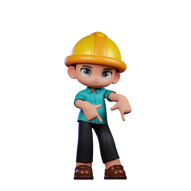 3d boy engineer pointing down pose